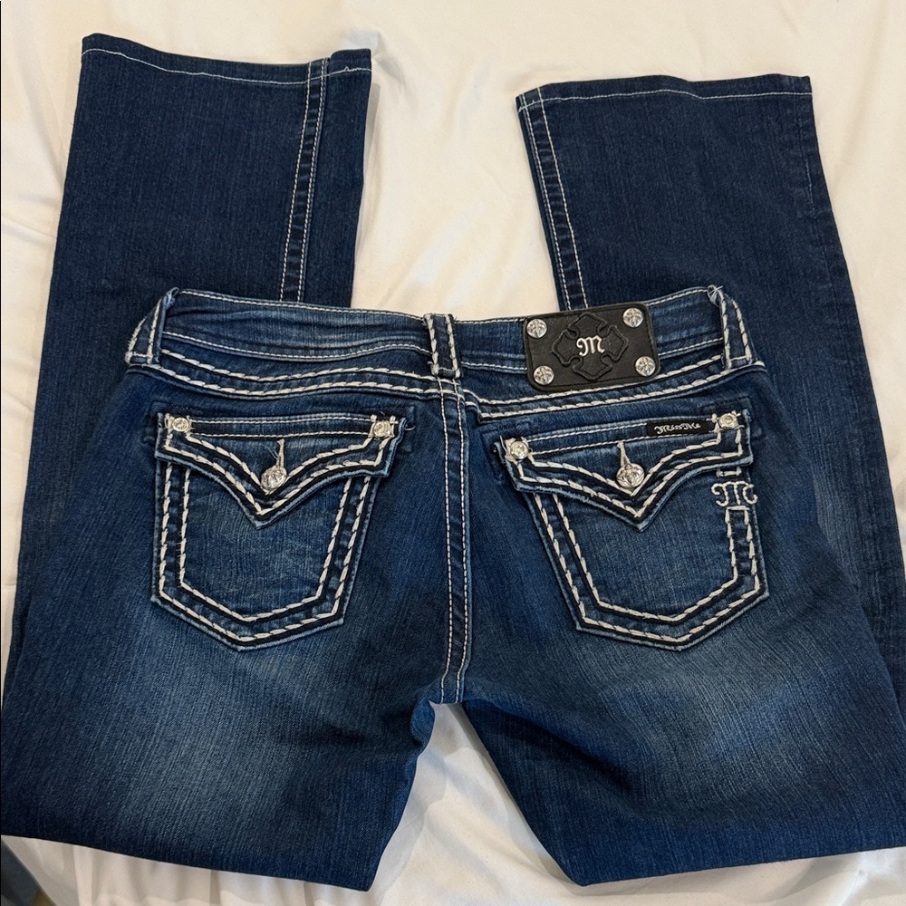 Miss Me Dark Blue Boot Cut Jeans with Embellished Pockets